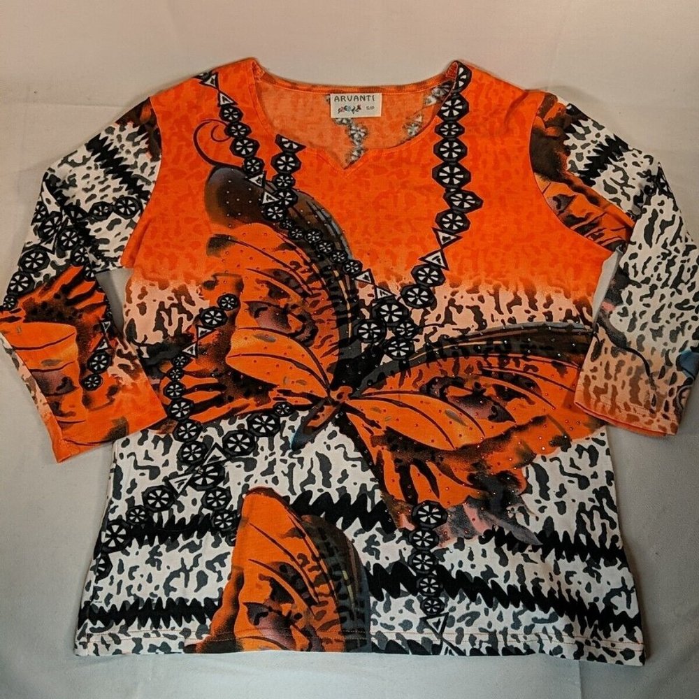 Arvanti Orange Crystal Butterfly 3/4 Length Sleeves Shirt Top Women's Small S